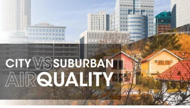 City and suburban town with text: 