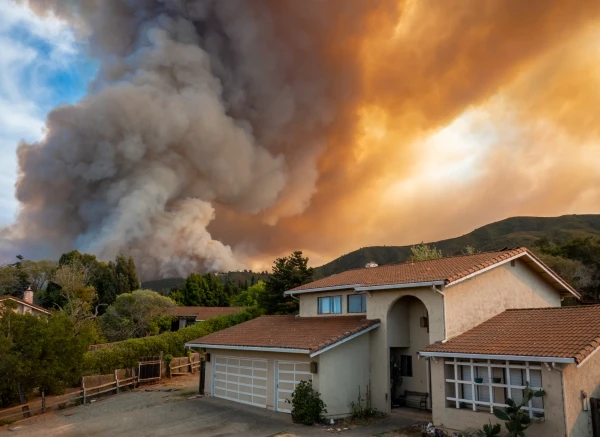 A residential home with large plumes of smoke visible in the background from raging wildfire fire.
