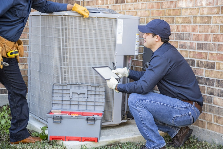 Multi-ethnic team of blue collar air conditioner repairmen at work | Aire Serv of North Central Arizona.