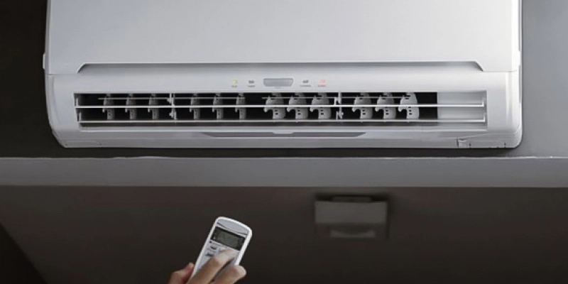 Air conditioner on wall with a hand pointing a remote at it